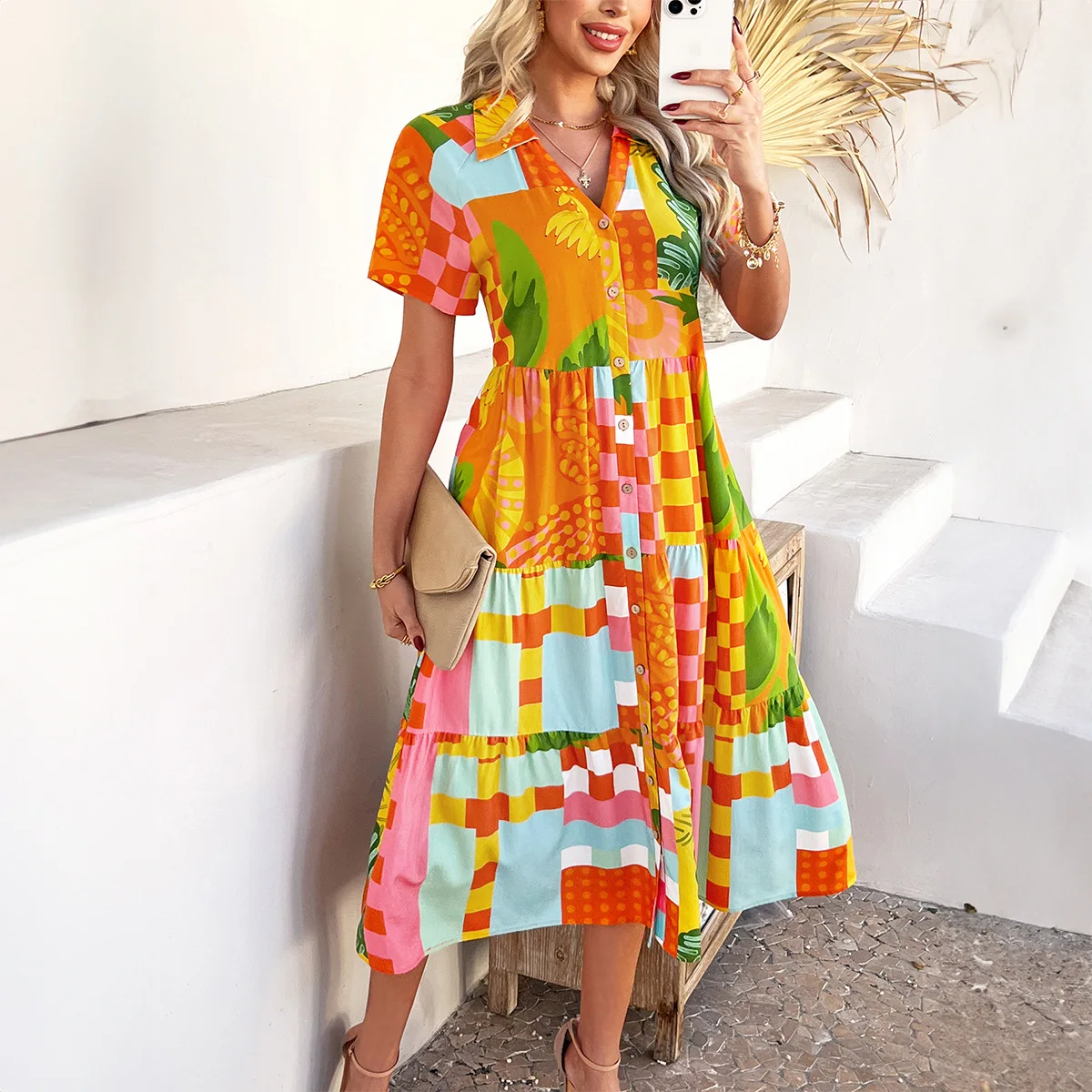 Boho Women's Summer Long Dress Elegant Vacation Printed Contrasting Color Bohemian Short Sleeved Maxi Dresses Ladies Vestidos