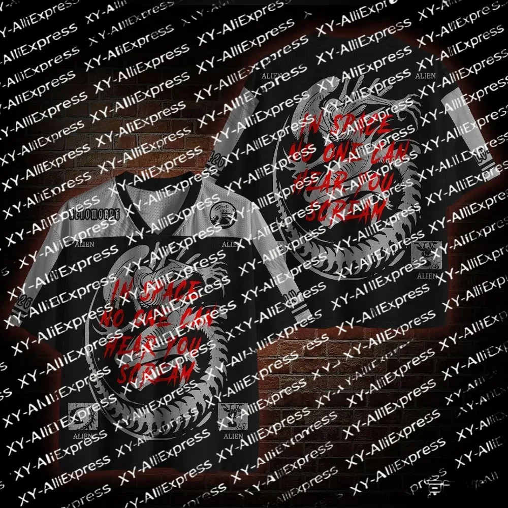 Men Varsity V-Neck Mesh Jersey, Retro Alien Monster Print, Casual Sport Mesh Top for Sci-Fi Party & Night Street Outfit