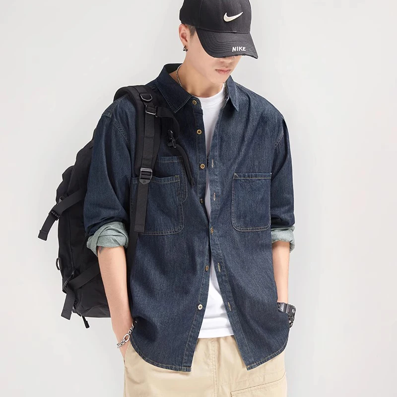 Americano clássico azul escuro bonito macio denim camisa casual masculina outono ligeiramente solto ferramentas camisa de manga comprida jaqueta masculina