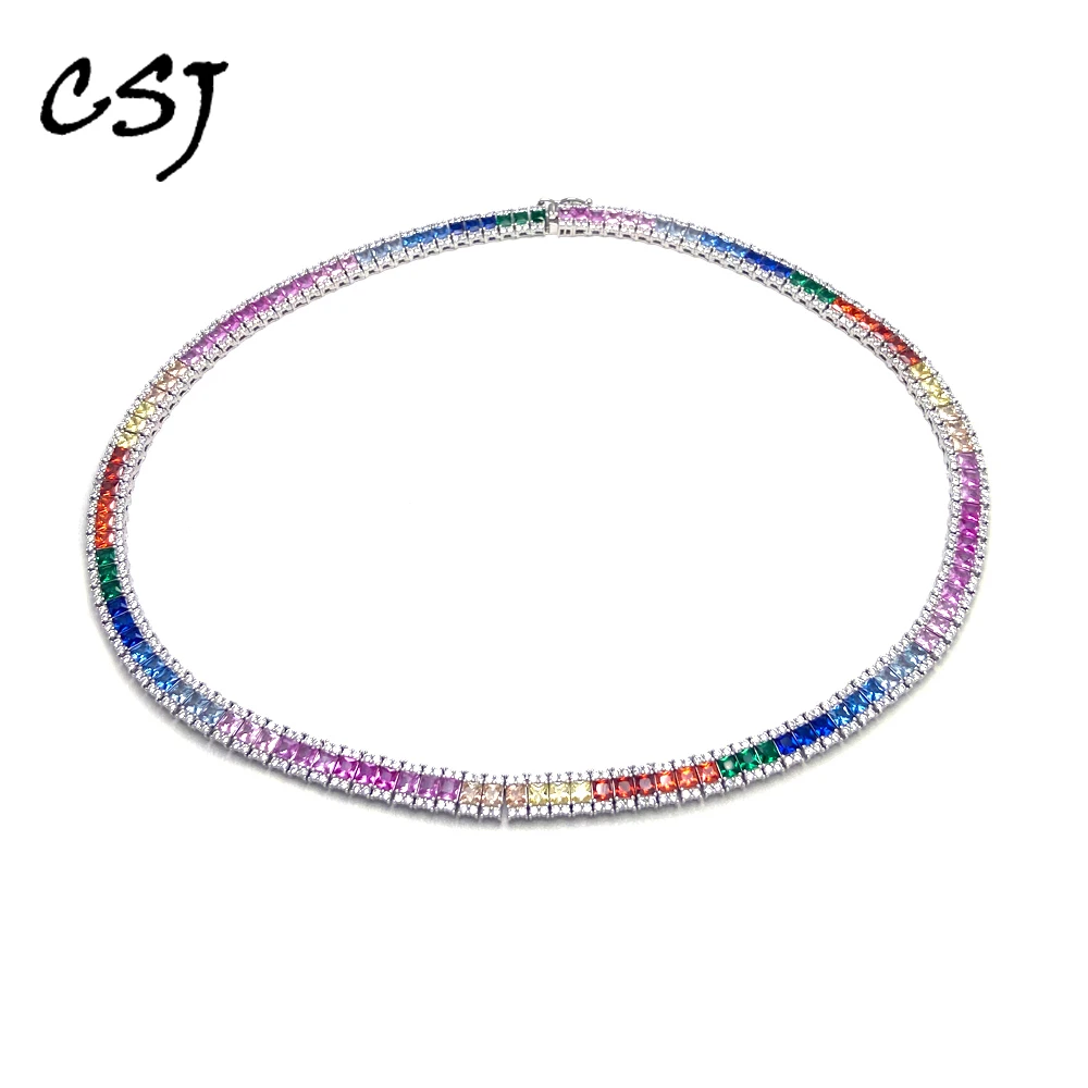 

Luxury 925 Silver Tennis Chain Necklace Sterling Setting Pave SQ3mm Sparkly Rainbow Zircon for Women Man Party Jewelry Gift