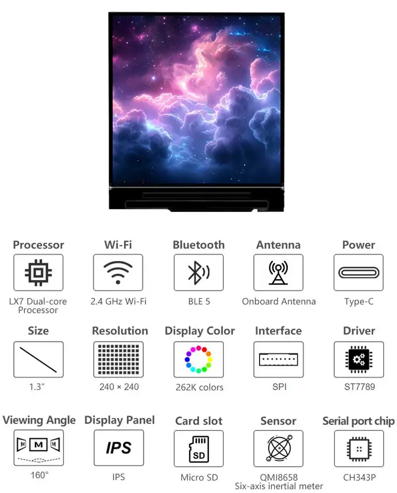 ESP32-S3 tela lcd de 1.3 polegadas tela de 1.3 polegadas st7789 240x240 mini tv porta sd qst qmi8658 sensor giroscópio lvgl