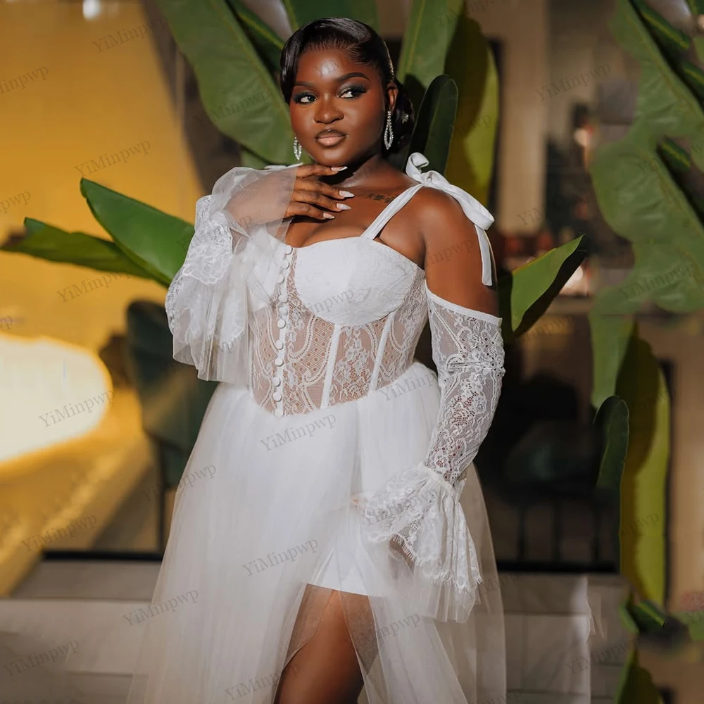 الدانتيل العروس الجلباب الزفاف الفاخرة السباغيتي الأشرطة طويلة الأكمام عالية منخفضة الزفاف الأفريقي الجلباب الزفاف لالتقاط الصور حسب الطلب #4