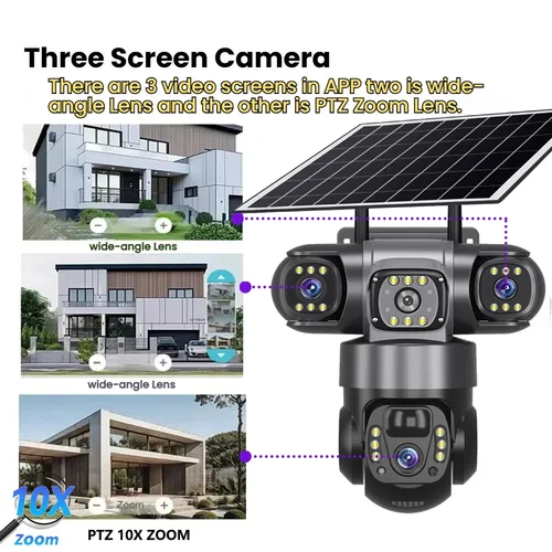Imagen 2 del producto Cámara Solar HD de 12MP para exteriores, 3 lentes, 3 pantallas, Zoom 10X, visión nocturna CCTV, IP66, impermeable, PIR, detección humana, cámara de seguridad Wifi