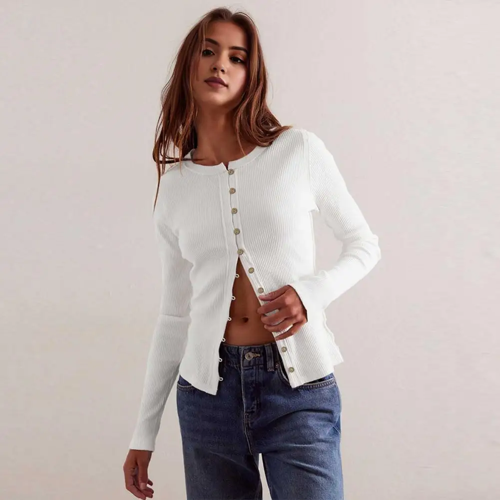 

Women Knitting Tops Round Neck Long Sleeve Single Breasted Ribbed Knitting Tops with Button Front Closure Slim Fit Cardigan