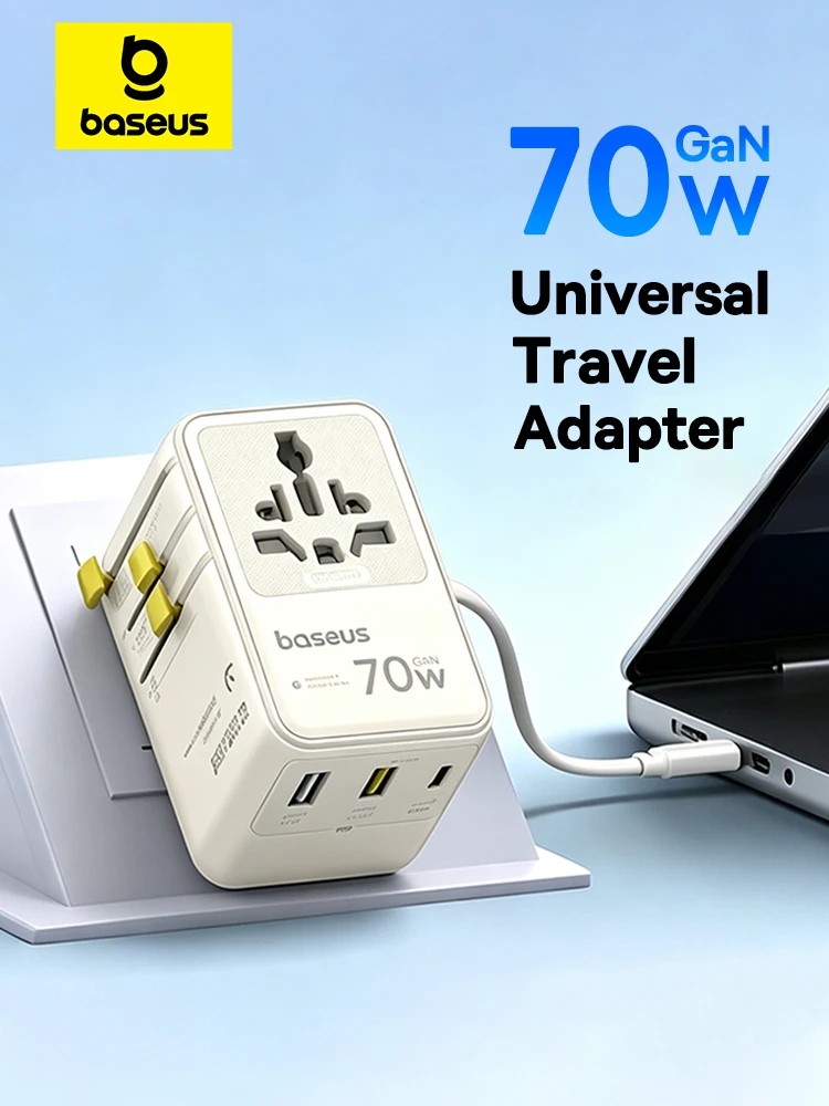 Uniwersalny adapter podróżny Baseus 70W GaN 2 gniazda AC 1 USB 2 porty Type C z wysuwanym kablem, szybka ładowarka EU UK US AUS 6-w-1 — zdjęcie produktu 7