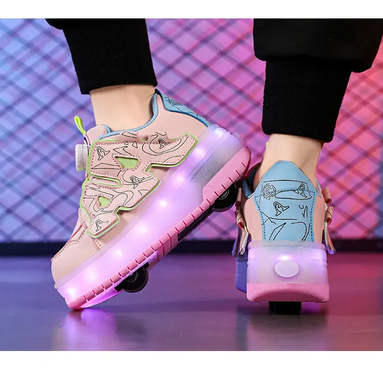 Chaussures à roulettes en cuir pour garçons, chaussures à roulettes croates, bouton tournant, flash lumineux, 600 étudiants, sport peuvent recevoir, nouveau, 2023