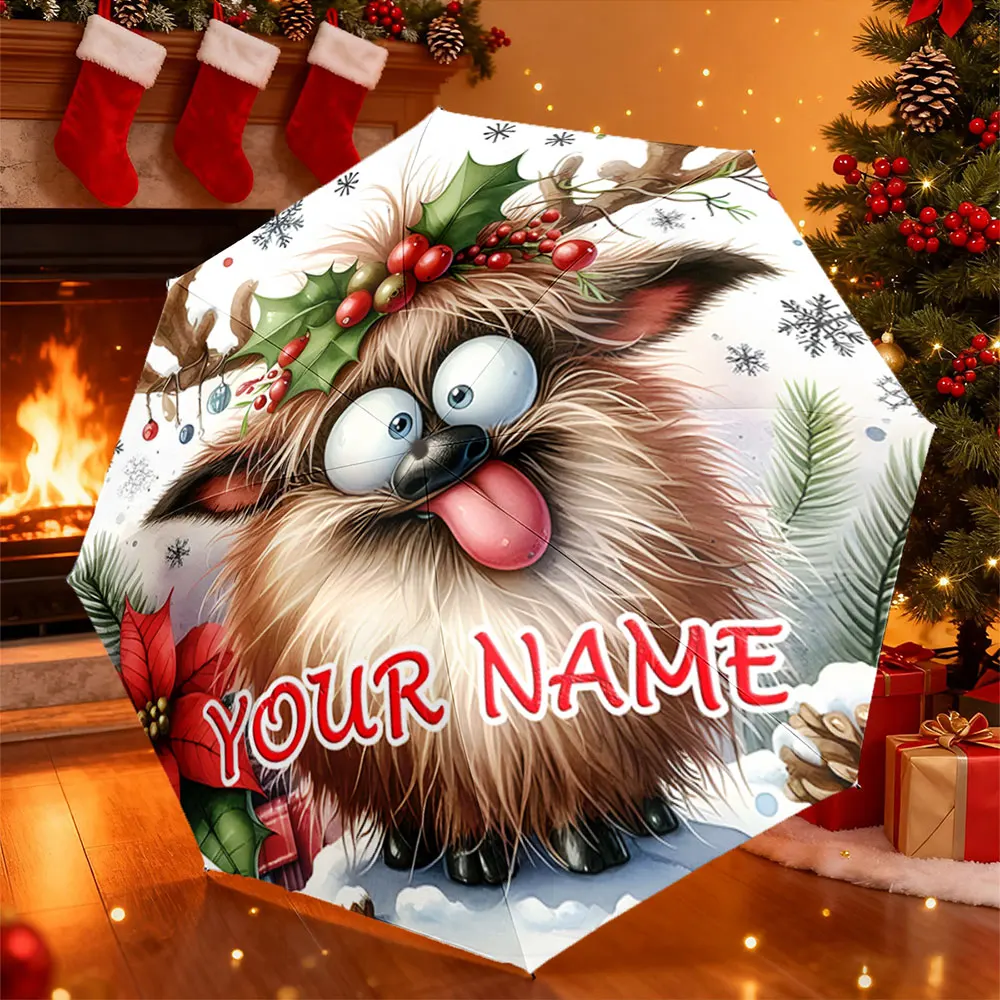 Custom Name Umbrella， Funny Christmas Reindeer Dog Print with Berries and Snowflakes ,Portable Folding Umbrella, Christmas Gift