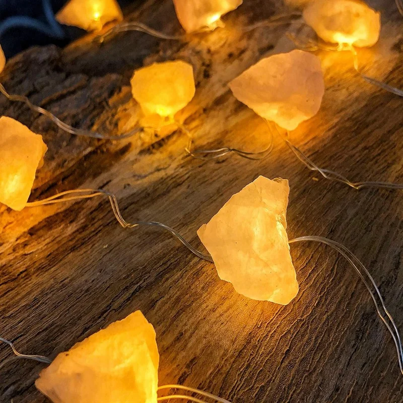 Lámpara de sal blanca con batería, cadena de luces cálidas de cristal Natural, 10 LED, decoración interior y exterior del hogar