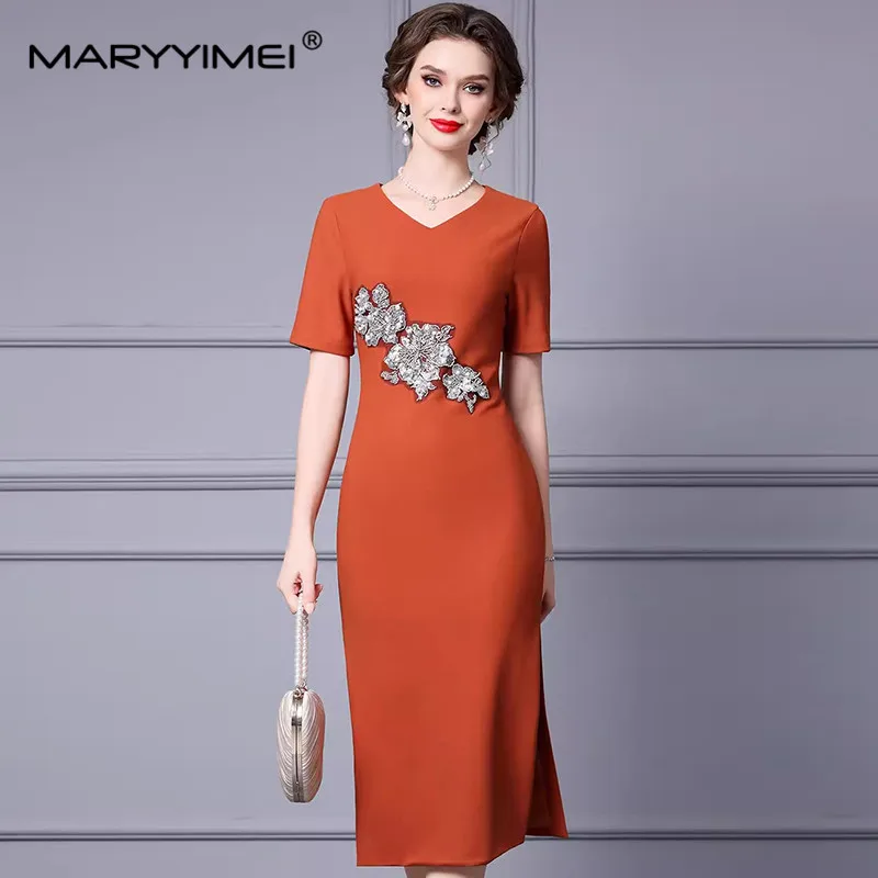 MARYYIMEI Spring Summer Fashion Women\'s Pencil Dress Short Sleeved Beading Sequins Slim-Fit Hip Wrap Commuter Dresses