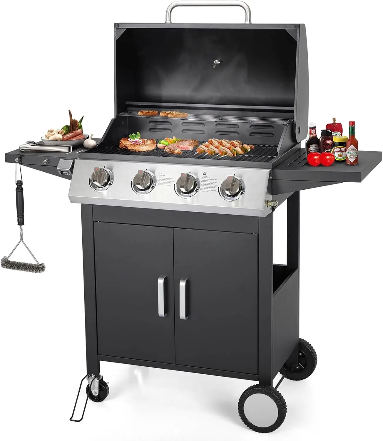 Propane Gas Grill, Stainless Steel 30,000 BTU,Built-in Storage Cabinet and Side Shelves, Suitable for Garden Terraces (4 Burner)