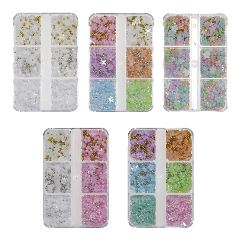 6 Grids 3D Acrylic Five Petal Flower Nail Charms Mixed With Steel Caviar Beads Nail Art Decoration Accessories Manicure Supplies