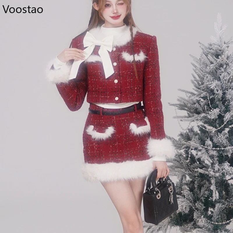 Autumn Winter Elegant Christmas Red Tweed Plaid Skirt Sets Women Sweet Bow Plush Woolen Jackets Mini Skirt Suit Female Outfits