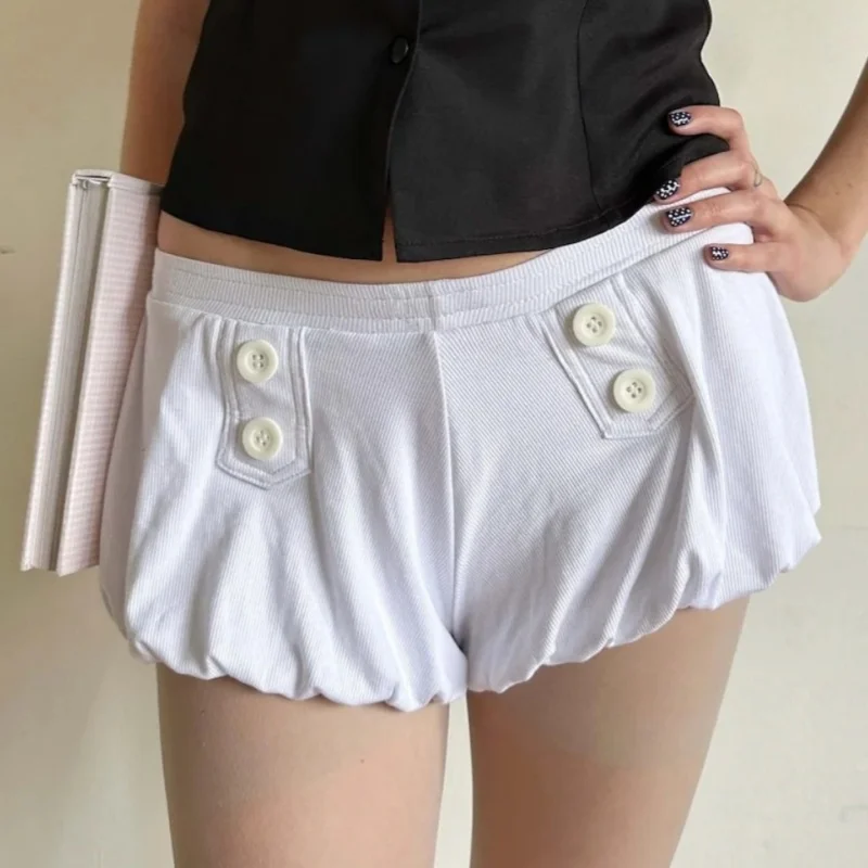 Women Elastic Waist Bloomers Shorts Double Button Design Cute Bubble Puffy Mini Bottoms Black White