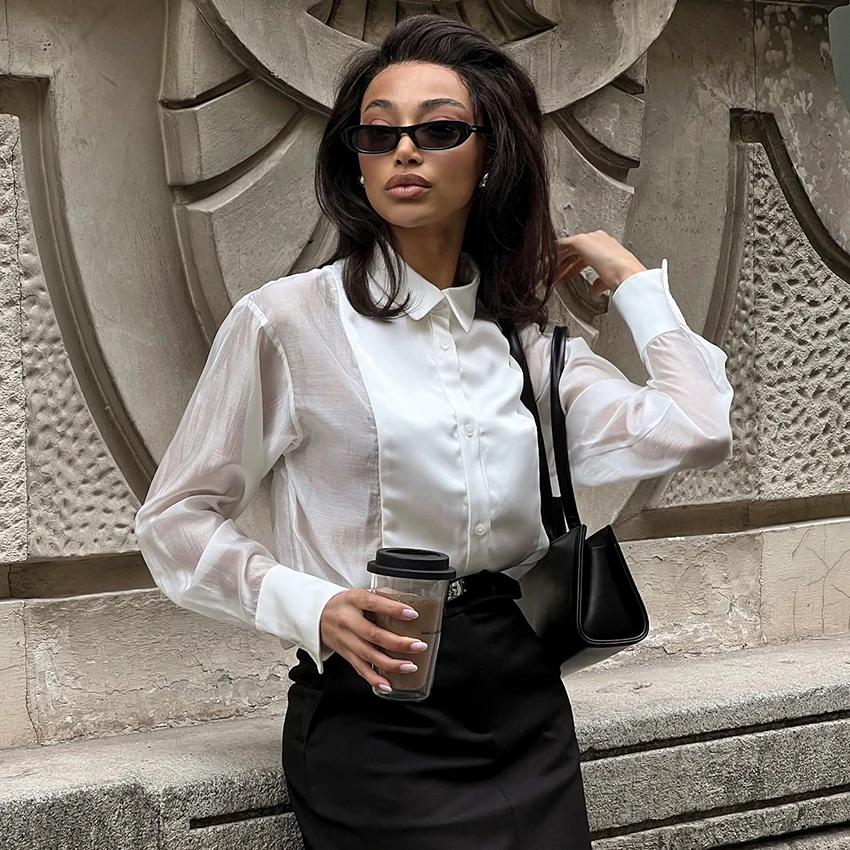 리나드 우아한 패치워크 화이트 라펠 셔츠 여성용 2026 스트리트 시크 싱글 브레스티드 블라우스 여성 캐주얼 긴팔 여성 상의