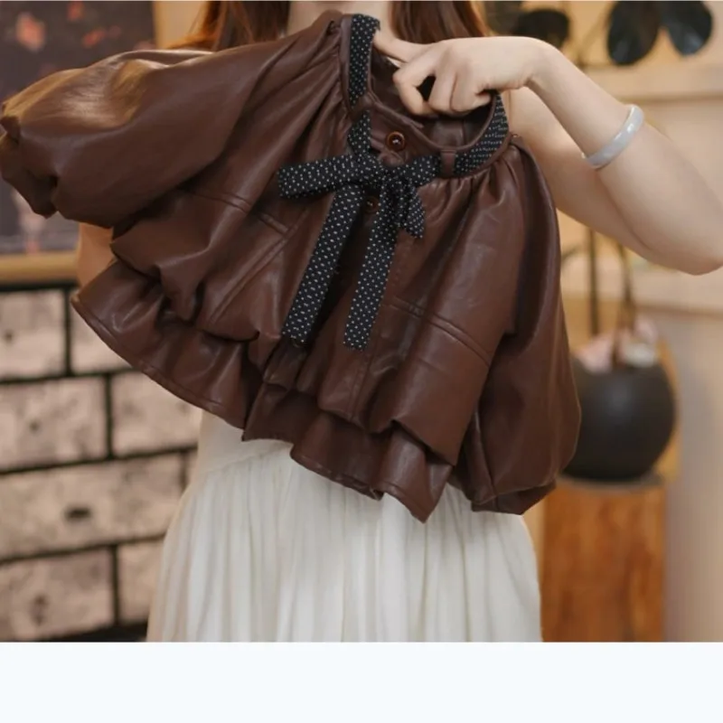 Girl's Jacket Autumn/Winter New Fashion Casual Round Neck Brown Leather Jacket Coats  80-130cm