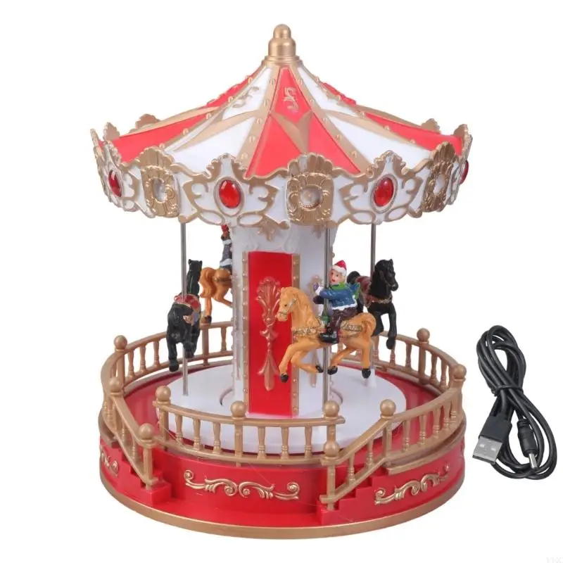 Musical Christmas Carousels Rotating Ornament with LED Light USB Battery Powered Y4QC