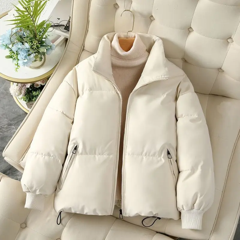 Korean Short Woman Padded Cotton Jacket Lapel Drawstring Waist Solid Warm Coat Winter Loose Thicked Magnanimity Lady Outwear