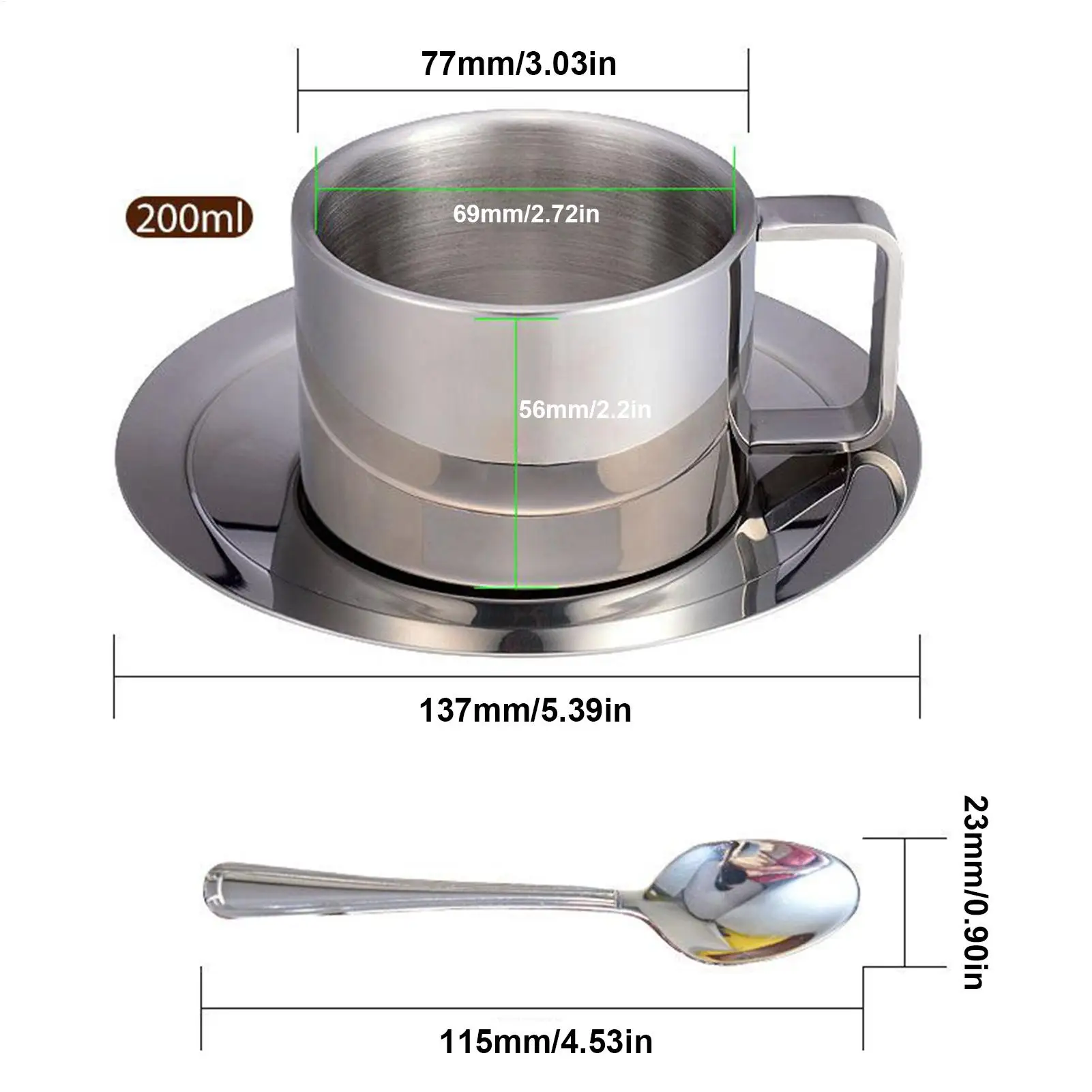 طقم كوب وصحن 200 مل لوازم منزلية مزدوجة الجدار مقاومة للانسكاب مع ملعقة فنجان شاي وصحون لساحة الحديقة الخارجية والحديقة