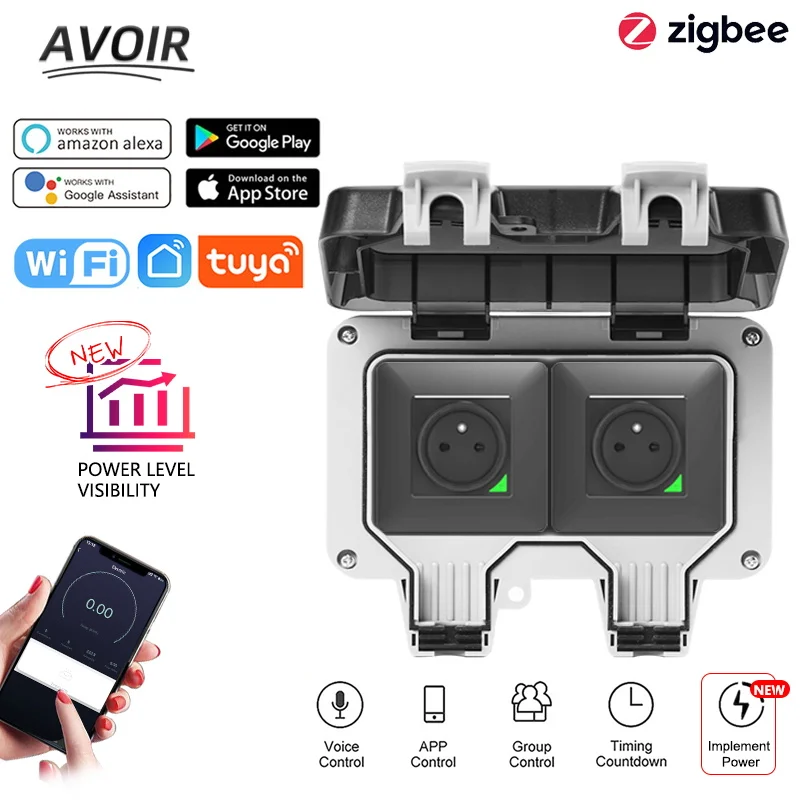 

Avoir Tuya Zigbee Smart Electrical Outlet IP66 Waterproof Socket French Plugs Wifi Wireless Remote Work With Alexa Google Home