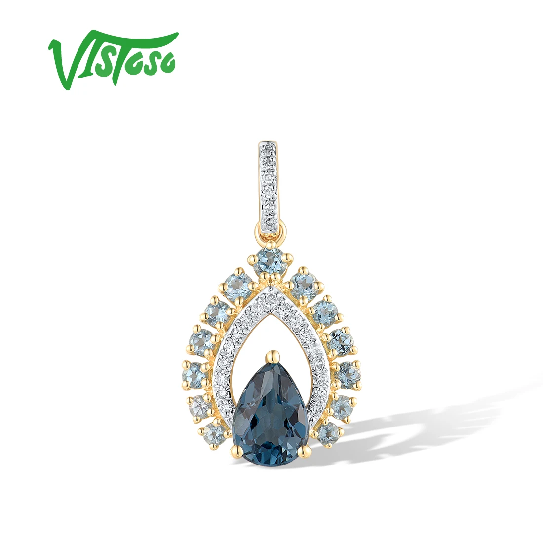 VISTOSO Pure 14K 585 Yellow Gold Pendants For Women Sparkling Diamond Swiss Blue Topaz Wedding Anniversary Fine Jewelry Set