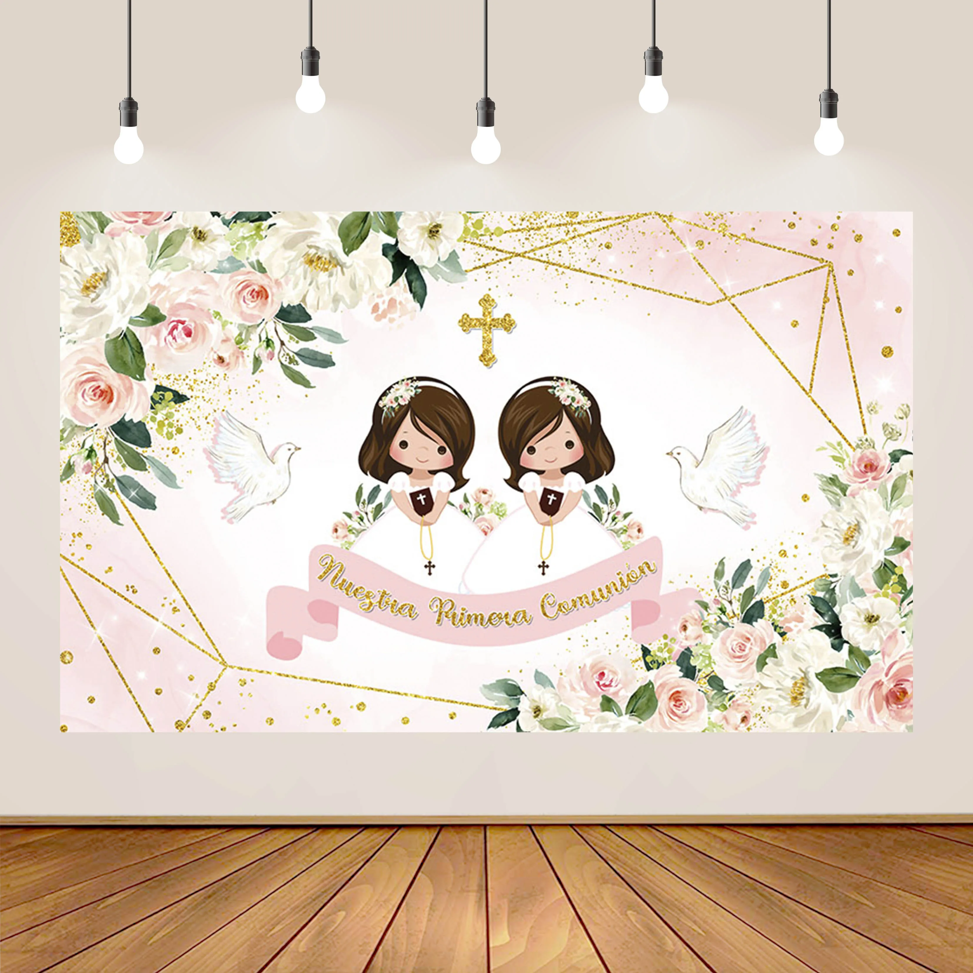 Girl Boy First Holy Communion Backdrop Flower Gold Cross God Bless Mi Primera Comunión Photography Background view 4