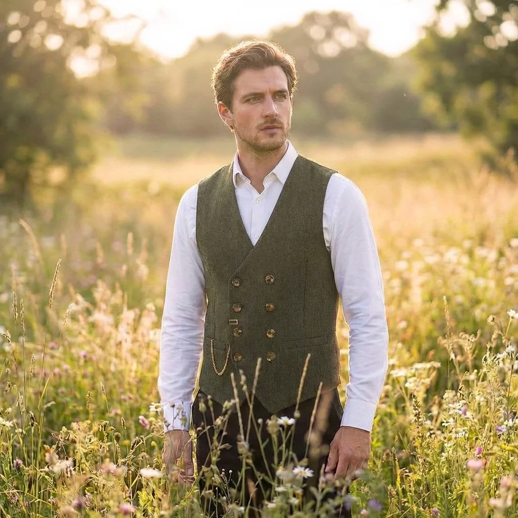 

Men's Vest Boutique Herringbone Tweed Slim Fit Waistcoat Business Leisure Male Gentleman For Wedding Groommen