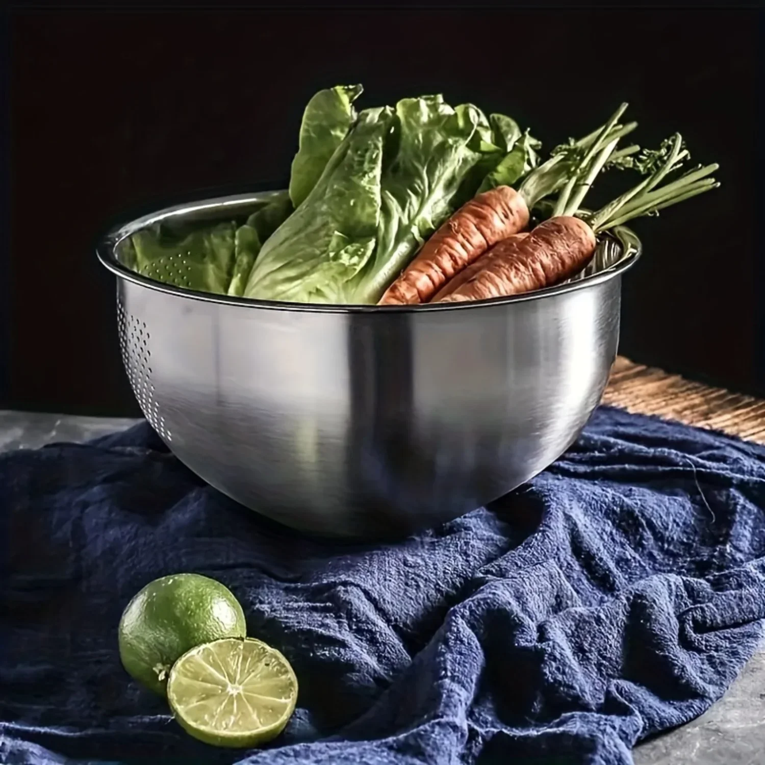 Cesta de cocina multiusos de acero, hecha a mano, resistente a los arañazos y al óxido, para lavar verduras y arroz, escurrir y mezclar