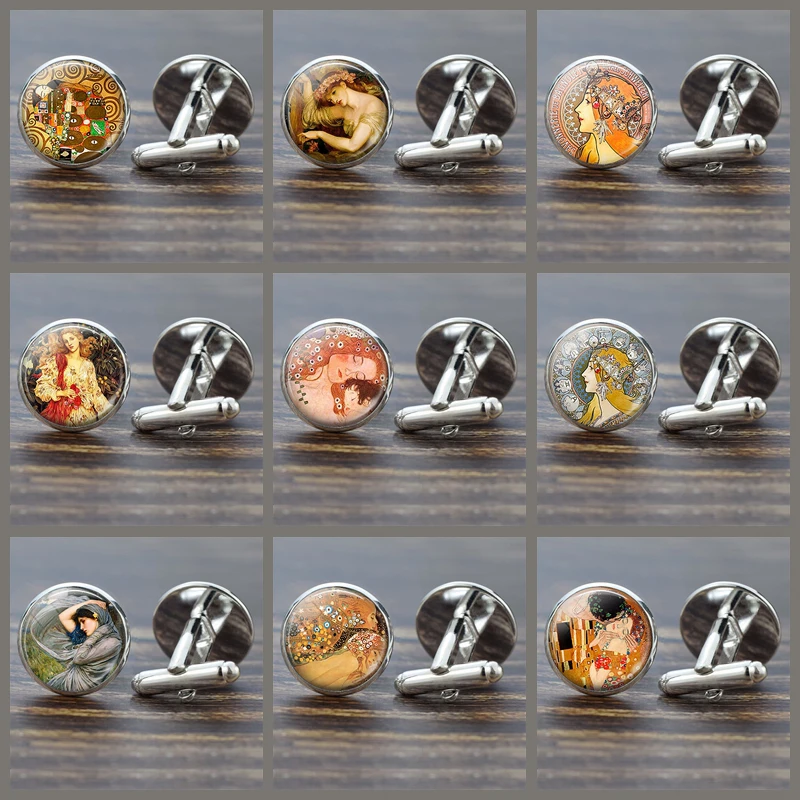 Klimt\'s Kiss Cufflinks Best Man Cufflinks Men Wedding Cufflink Art Oil Painting Klimt Suit Shirt Cuff Links Glass Jewelry