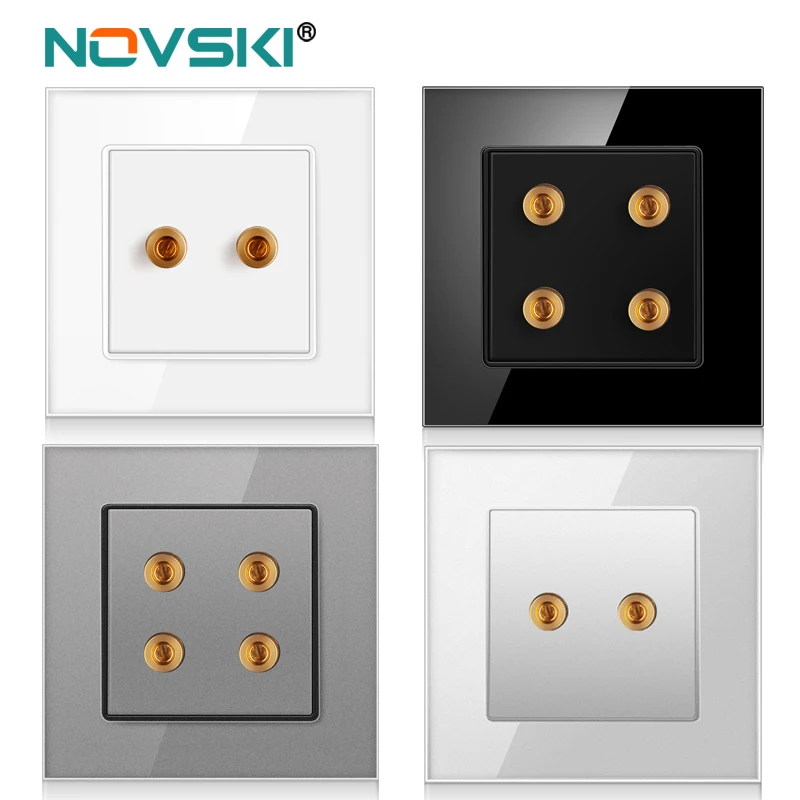 

novski-Wall-mounted audio socket, speaker junction box power output, tempered glass crystal panel, black, white, gray