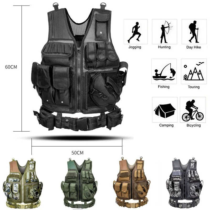 

Multi-Pocket Tactical Vest Jacket 600D Oxford Adjustable Chest Rig Breathable Mesh Security Clothes for Army CS Training Camping