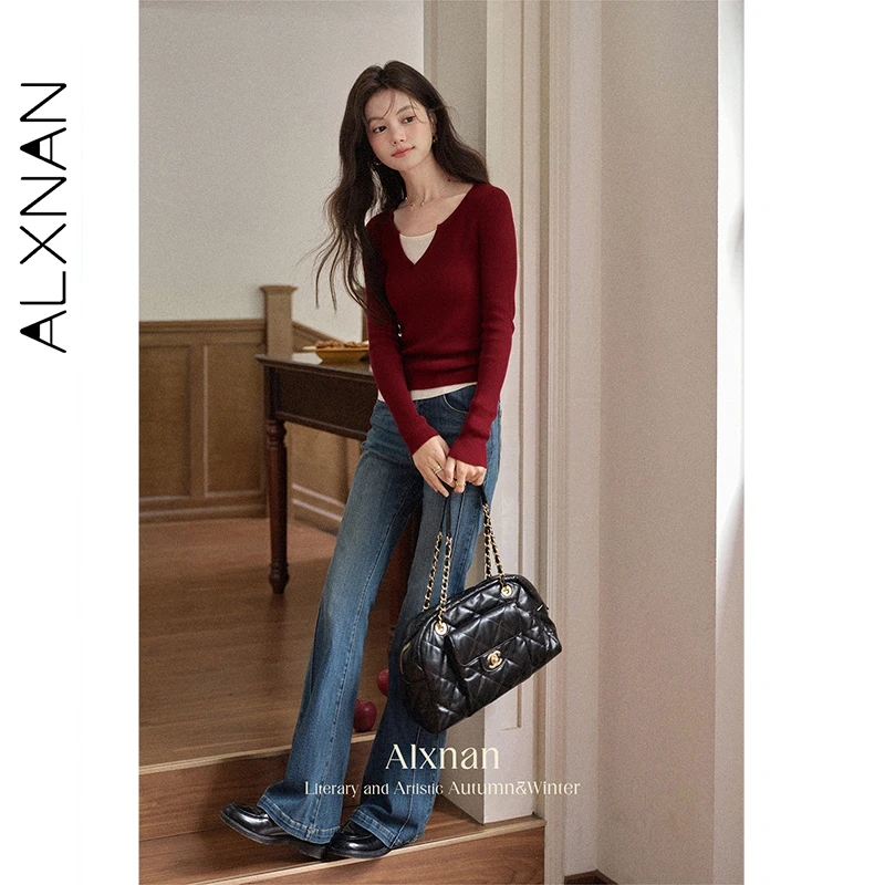 ALXNAN-camisetas rojas para mujer, camisetas ajustadas de manga larga con cuello en V, camisetas elásticas con paneles de punto de Color, novedad de Otoño de 2025 para mujer L569103