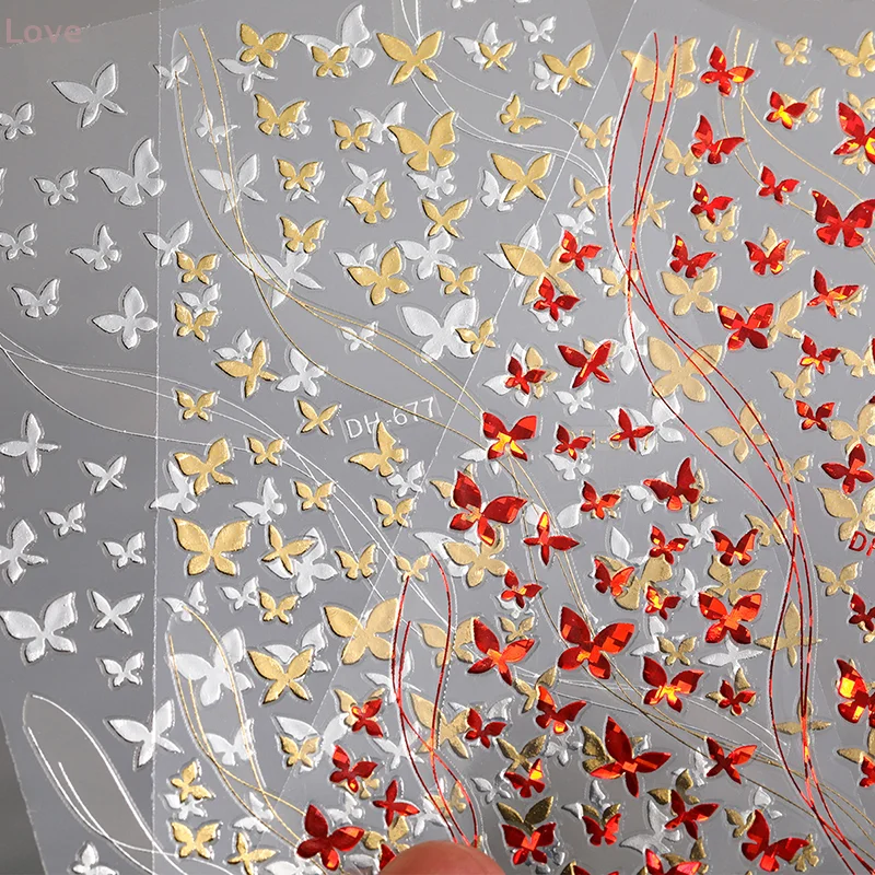[L&P] ملصقات أظافر على شكل فراشة ترفرف ملصقات لاصقة خلفية على شكل فراشة بختم ساخن ملصق أظافر فضي