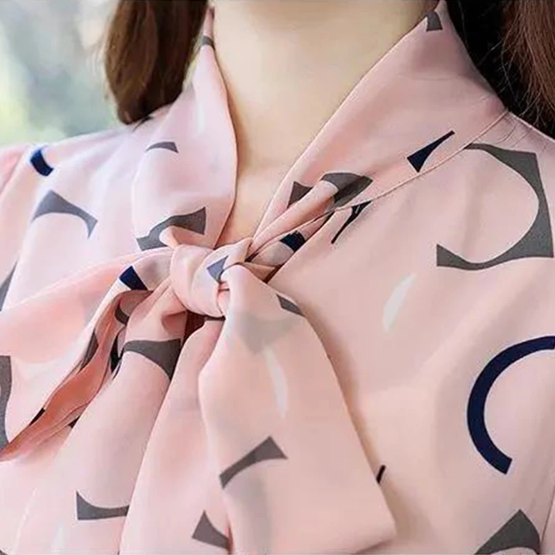 Spring Autumn Korean Print Chiffon Office Lady Shirt Fashion Design Tie Lantern Sleeve Bow Top Women Aesthetic Female Clothes