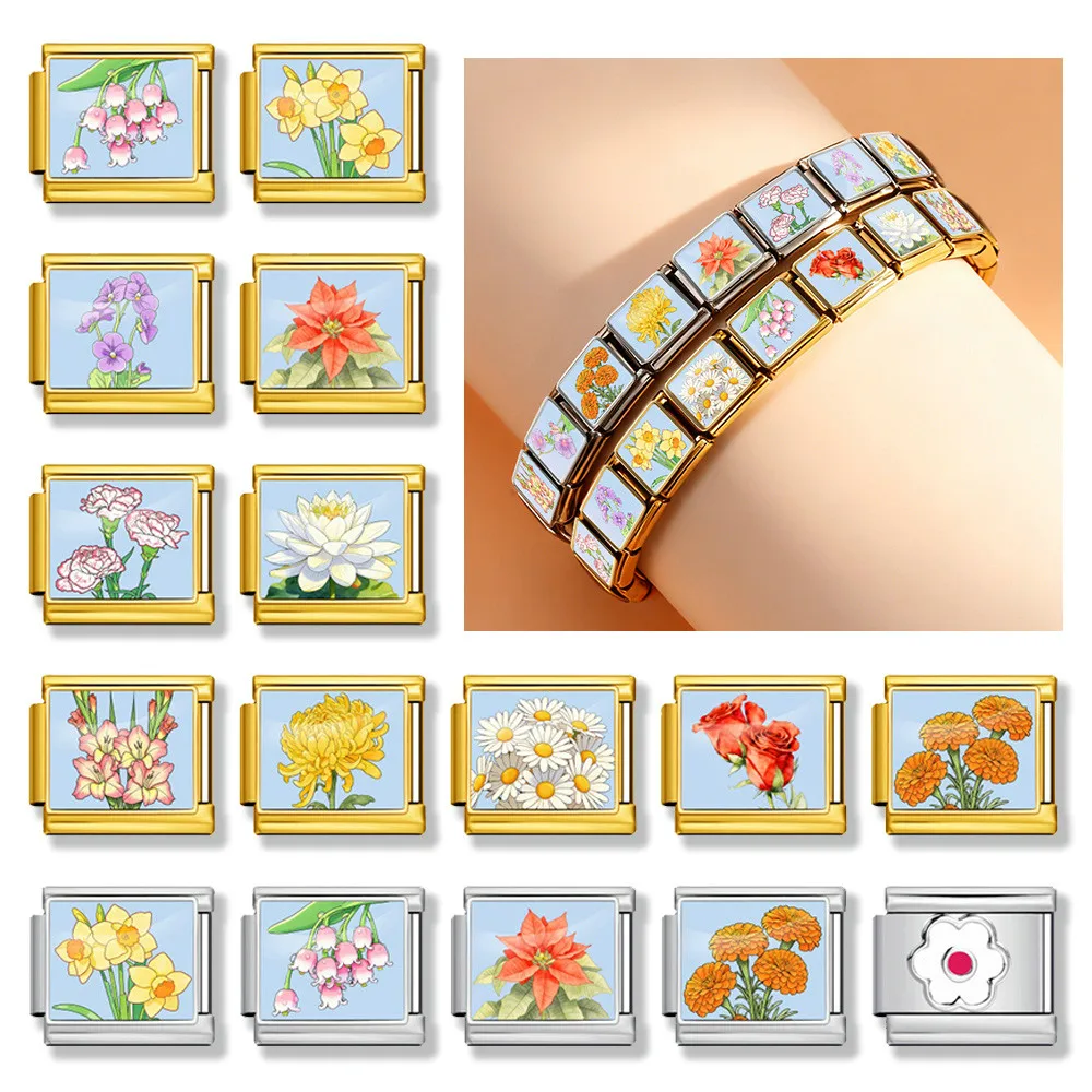 GEMOSA Trendy 12 Months Flower Italian Link fit 9mm Stainless Steel Charm Jewelry Making DIY Original Design Bracelet