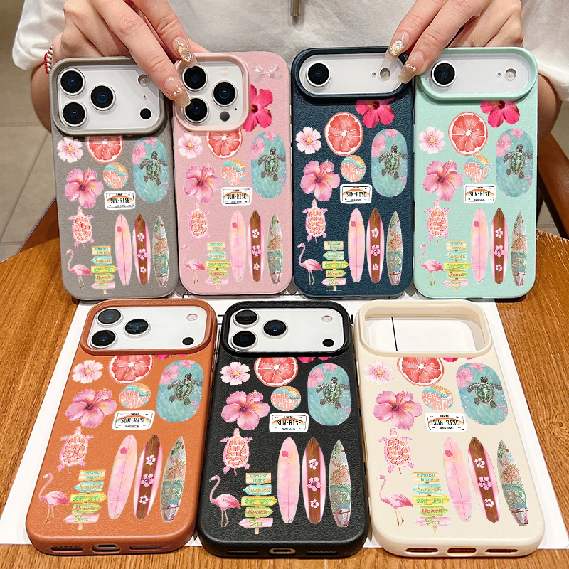 Ozean Blumen Seepferdchen Schildkröte Print Handyhülle für iPhone 17 16 15 14 13 12 Pro Max 17 Pro Air 11 16e Leder Textur TPU Cover