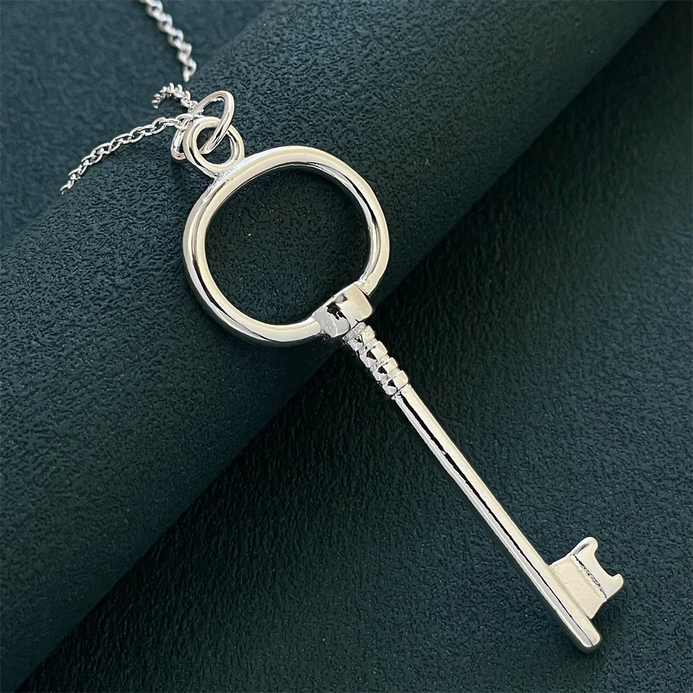 New 925 Sterling Silver Necklace Key Heart Pendant for Women Engagement Party Jewelry Gift