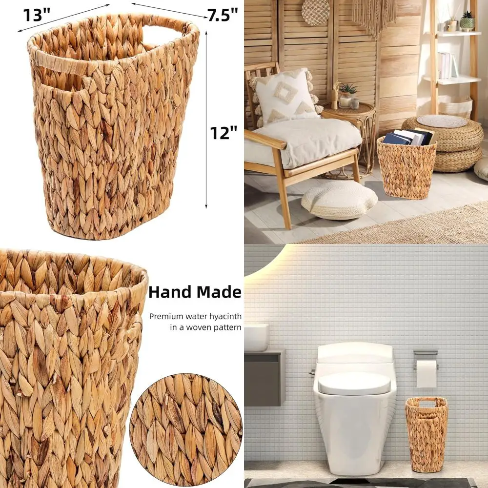 

Handcrafted Woven Wastebasket with Integrated Handles, Water Hyacinth Trash Bin for Home and Office Use