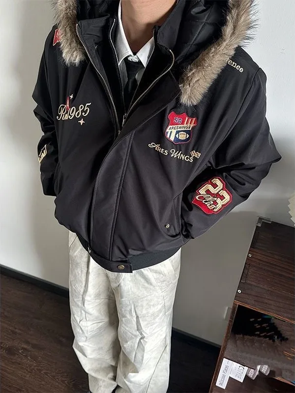 

Thiened American Embroidery Bae Mountain Eagle Cotton Jaet Men Winter Warm Couple Cotton Clothes High Sense