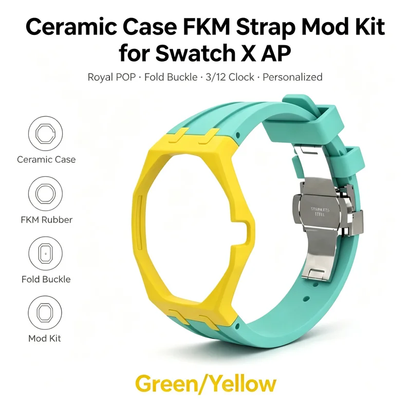 Kit de Modificação Premium com Caixa de Cerâmica e Pulseira de Borracha FKM para Swatch AP Royal POP, Fecho Dobrável 3/12, Verde Amarelo, Acessórios Personalizados para Homens