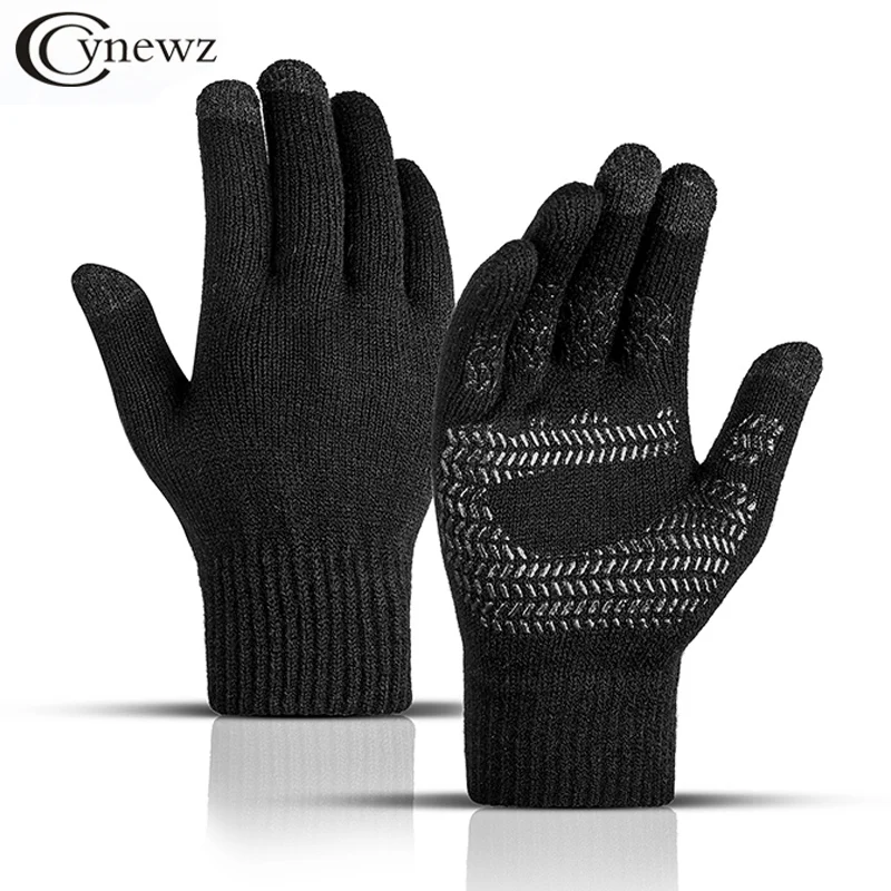 Winter Men Knitted Gloves Touch Screen Non-slip Rubber Solid Business Driving Cycling Full Finger Autumn Antiskid Male Gloves