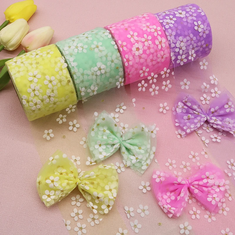 6cm Width 25Yards Daisy Tulle Ribbon Mesh Roll DIY Handmade Hair Decoration Baking Party Wedding Printed Mesh Fabric Supplies