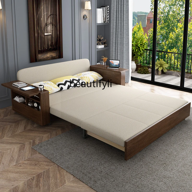 

Foldable Sofa Bed Solid Wood Dual-Use Living Room Multi-Functional Small Apartment Storage Fabric Double Single