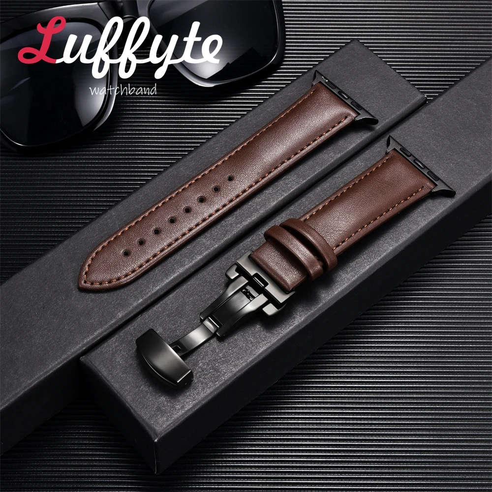 Leather Soft Strap for Apple Watch Ultra 8 7 SE 6 5 4 3  Watchband 38 40 41mm 42 44 45 49mm Black Buckle Black Connector