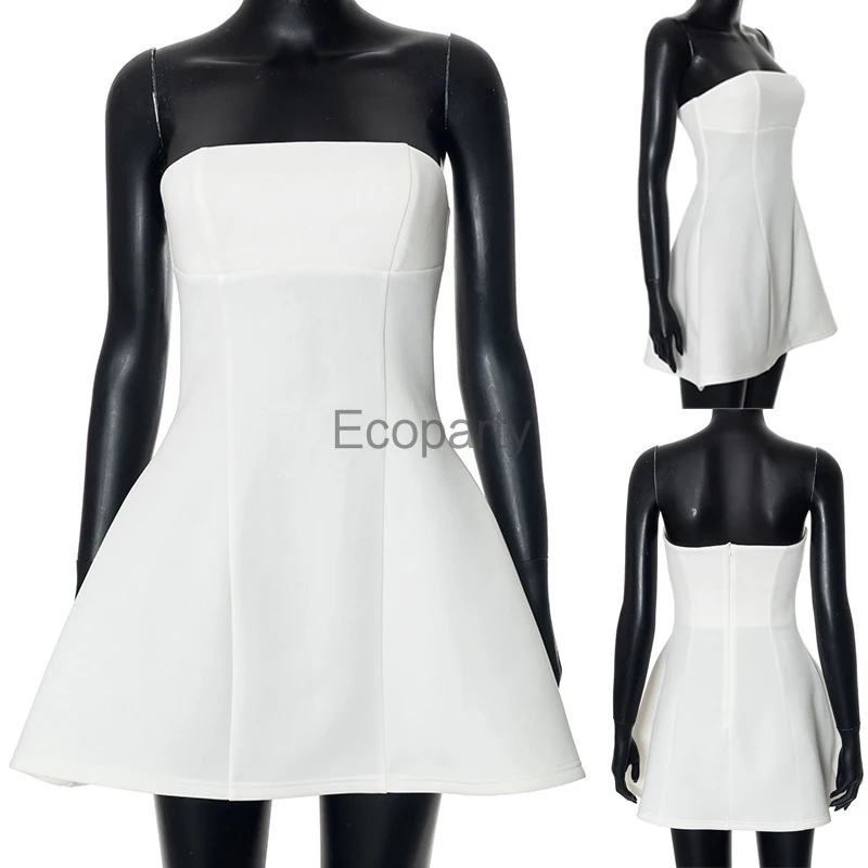 

2024 Sexy Strapless Mini Dress White Sleeveless Patchwork High Waist Summer Fashion Bodycon A-Line Mini Dress Vacation Dress Up