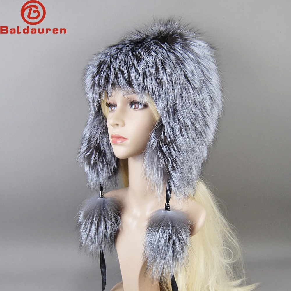 

Luxury Women Natural Fox Fur Hat Real Fur Beanies Cap Knitted Hats Russian Brand Fashion Winter Warm Lady Cap Silver Fox Fur Hat