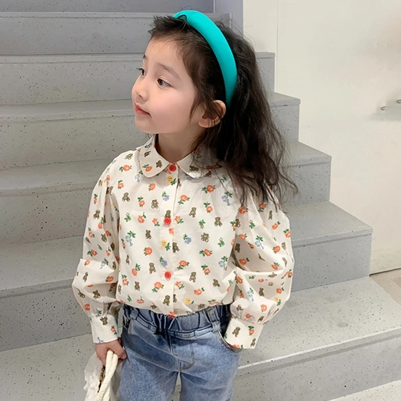 Children Baby Girls Cotton Blouse Shirts Fashion Flowers Bear Print Kids Toddlers Tops Long Sleeve Clothes Summer Spring