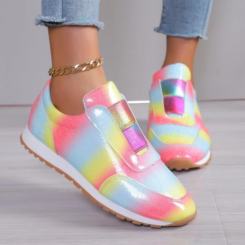 

2025 New Spring Flat Bottom Rainbow Color Women Casual Breathable Sneakers Comfort Women Loafer Fashion Women Vulcanized Shoes