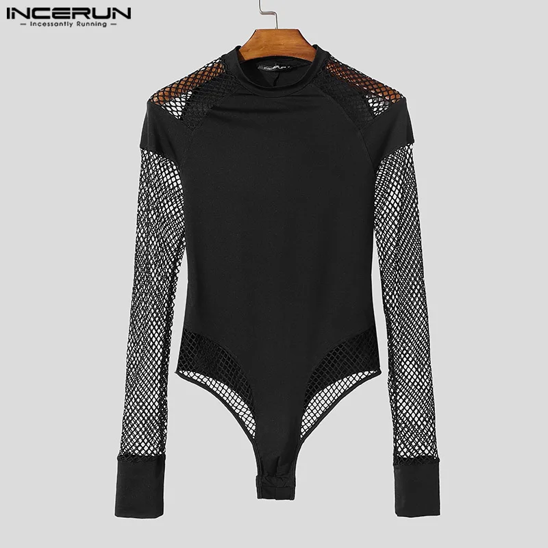 INCERUN Style américain barboteuses Sexy nouveaux hommes col rond combinaisons loisirs mince Patchwork transparent maille à manches longues body