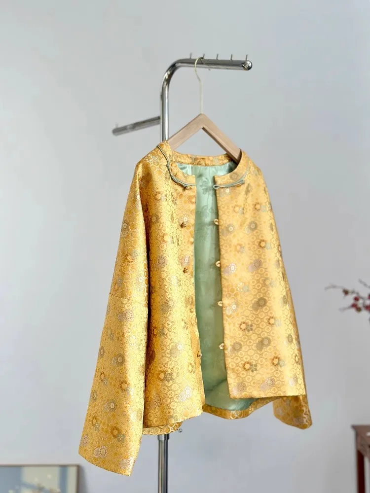 

New Chinese Sle Women's Yellow Outerwear Silken Simulation Silk Spring Autumn High End Traditional Tang Costume Top