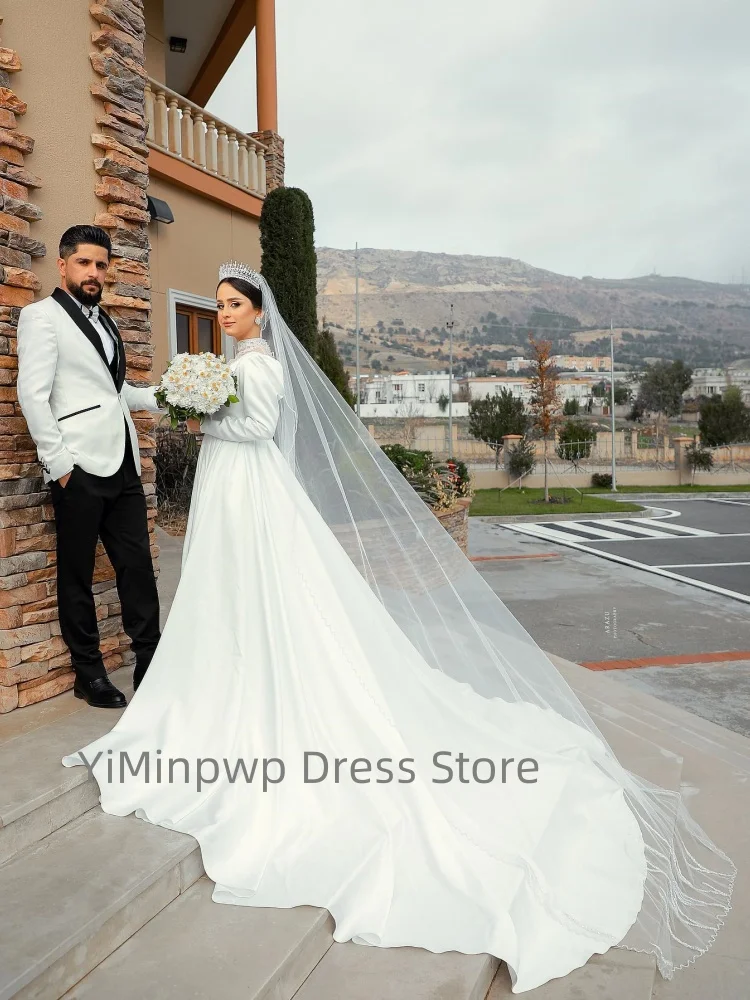 فساتين حفلات الزفاف المقدسة رقبة عالية وأكمام طويلة على شكل حرف a فستان عرائس مع خرز فستان زفاف الكنيسة مخصص رداء السهرة